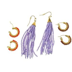Set of 3 seed bead pierced earrings lavender fringe & 1 inch hoop orange/brown